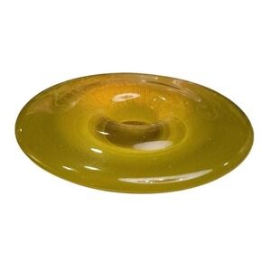 MCM Glass Disc Candle Holder Green Chartreuse Votive‎ Weighted 8" Round